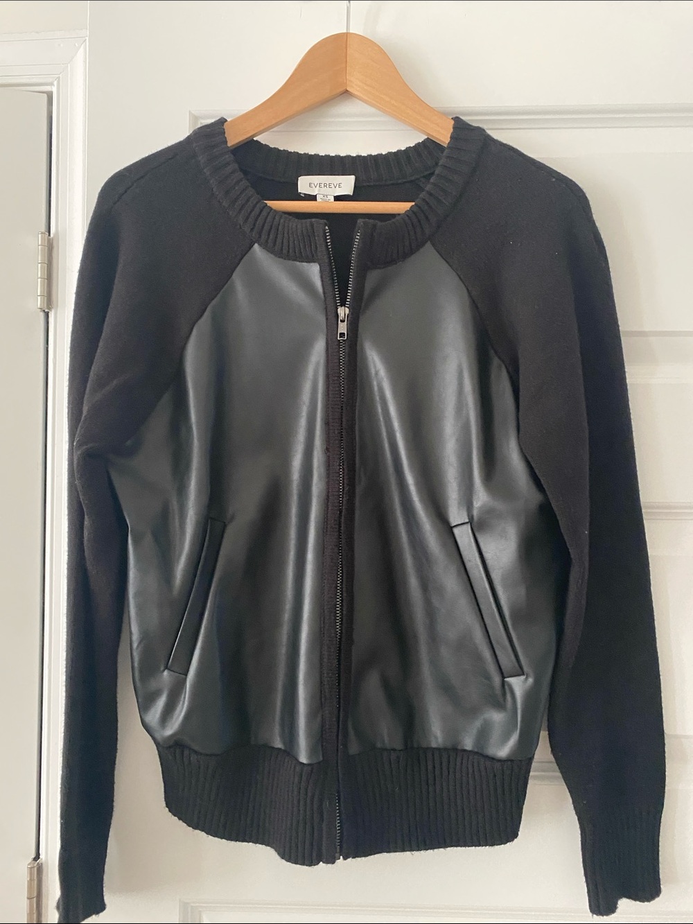 Evereve Black Mixed-Media Bomber Faux Leather Jacket Sweater